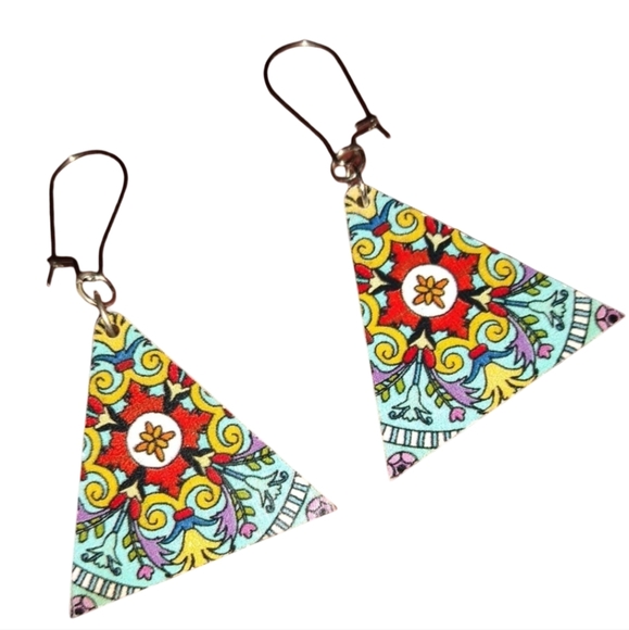 Turquoise Blue Triangle Mandala Earrings Aqua Art Nouveau Floral Stainless Steel - Picture 1 of 4